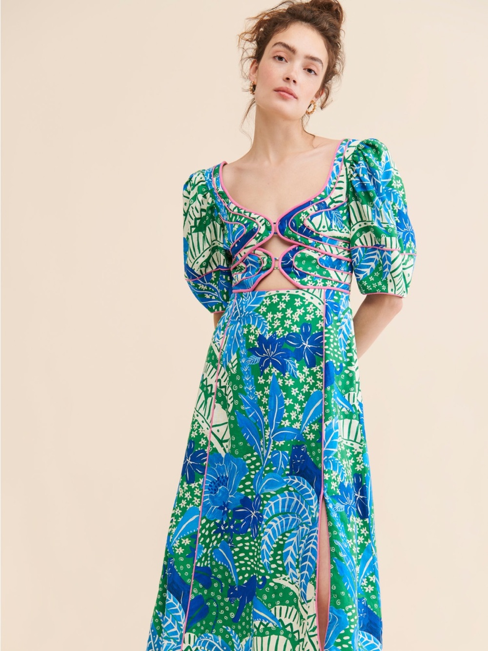 FARM Rio Jungle Panther Puff Sleeve Cut Out Midi Dress